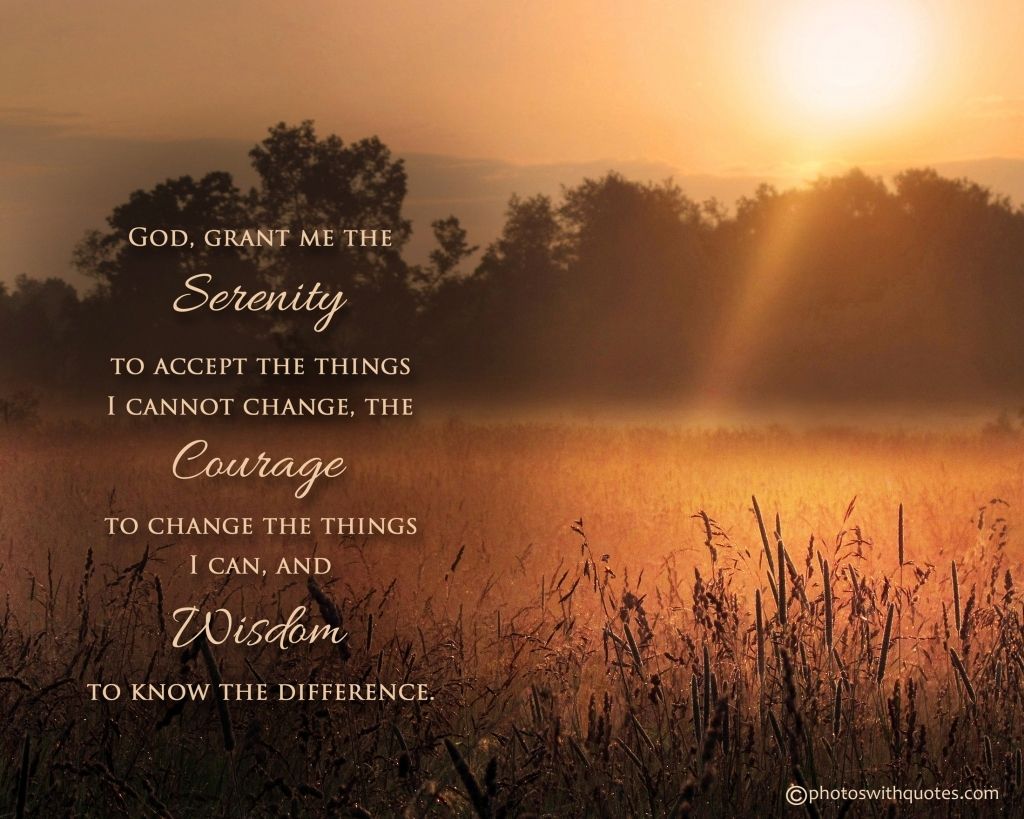 Photo of a lake with sun shining on the forest brown orange color with text of Serenity Prayer in white